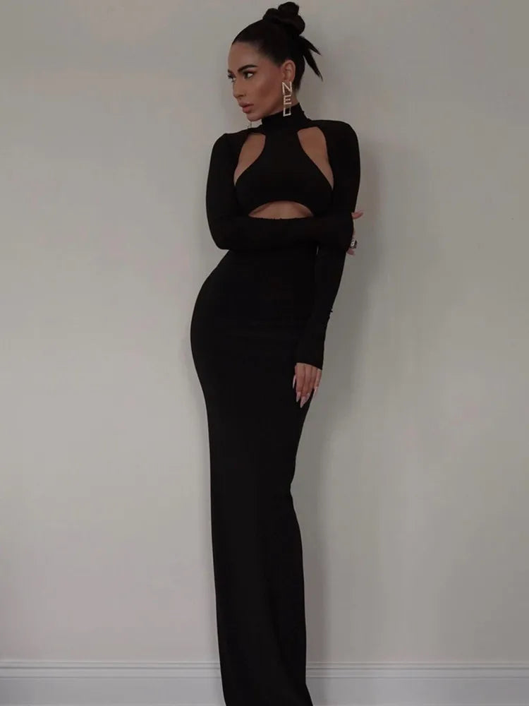 Winter 2023 Sexy Cut Out Black Turtleneck Bodycon Maxi Long Women Celebrity Fashion Evening Party Club Dress Vestido