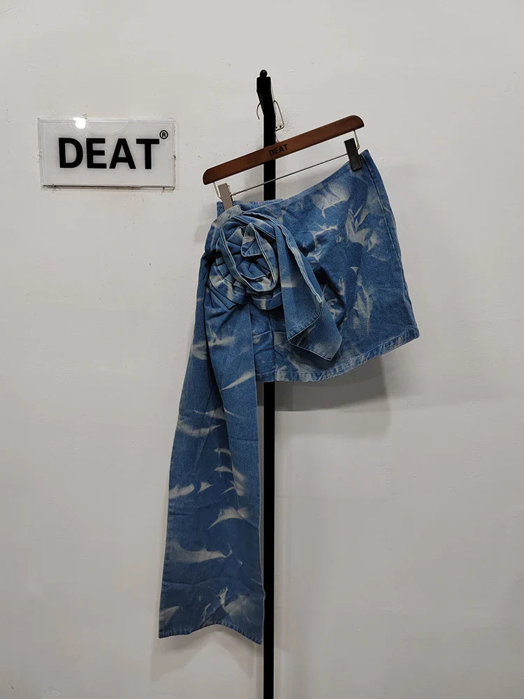 DEAT Fashion Women's Skirt High Waist Three-dimensional Rose Flower Asymmetric Blue Denim Short Skirts Summer New 17A8357 tie dye