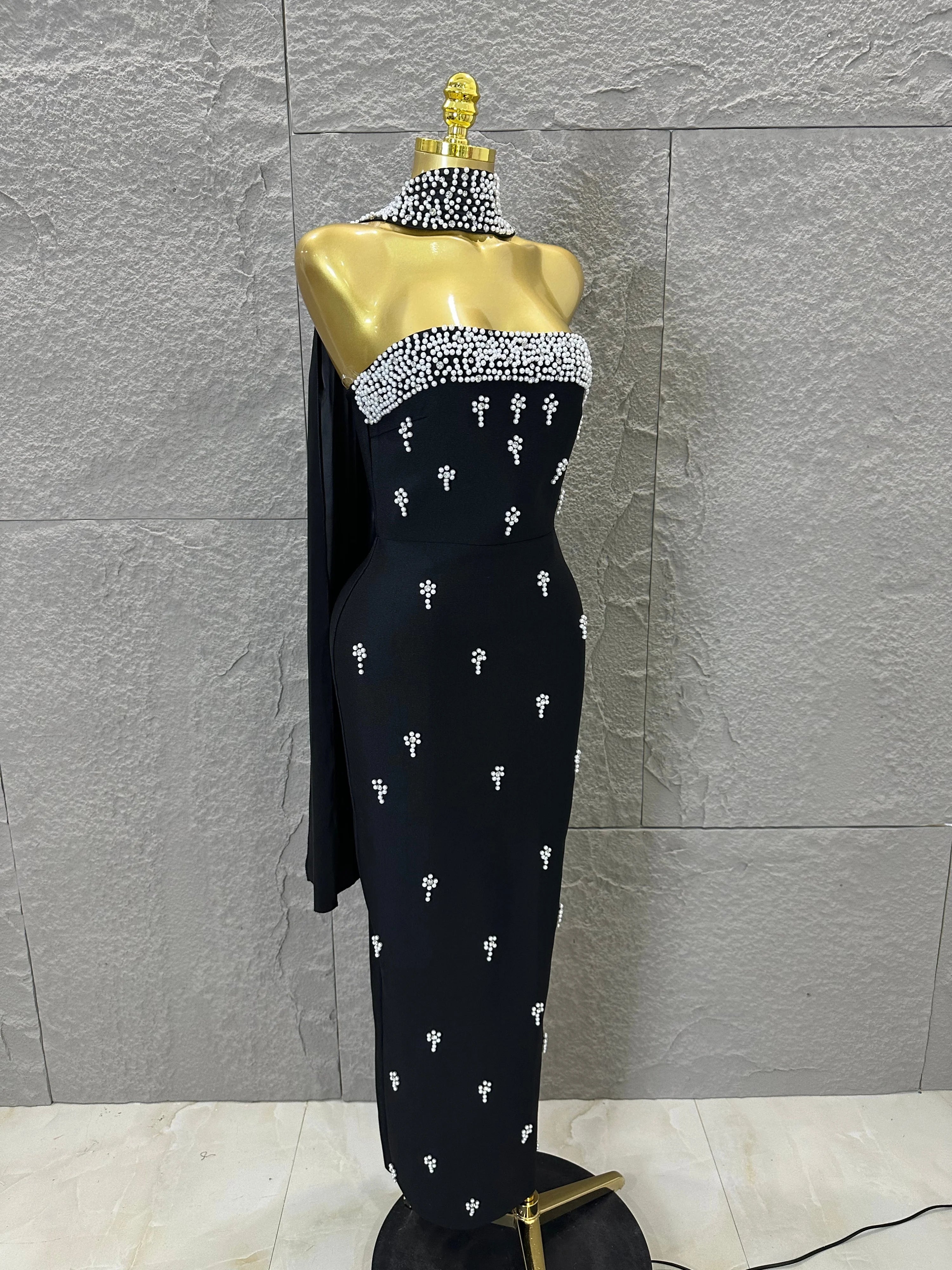 Sexy Black Pearl Studded Maxi Dress Halter Cape Bandage Bodycon Stage Birthday Party Nightclub Celebrate Photo Shoot Out