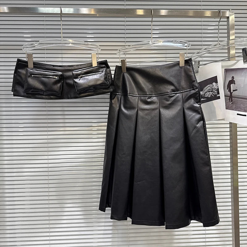 Winter New Fashion Pocket Waist Belt PU Leather Midi Skirt For Women High Street Pleated Skirts Female Trend 11A07862