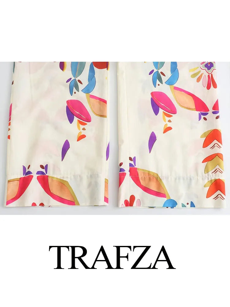 TRAFZA Women New Fashion Suit Print Turn-Down Collar Long Sleeves Buttons Single Breasted Shirts+Elastic Wais Wide Leg Pants