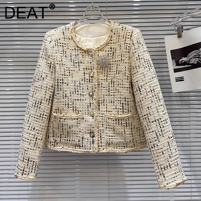 Winter New Fashion Rhinestone Brooch Knitted Tweed Cotton Jacket For Women Elegant Short Coat Female Trendy 11A07869