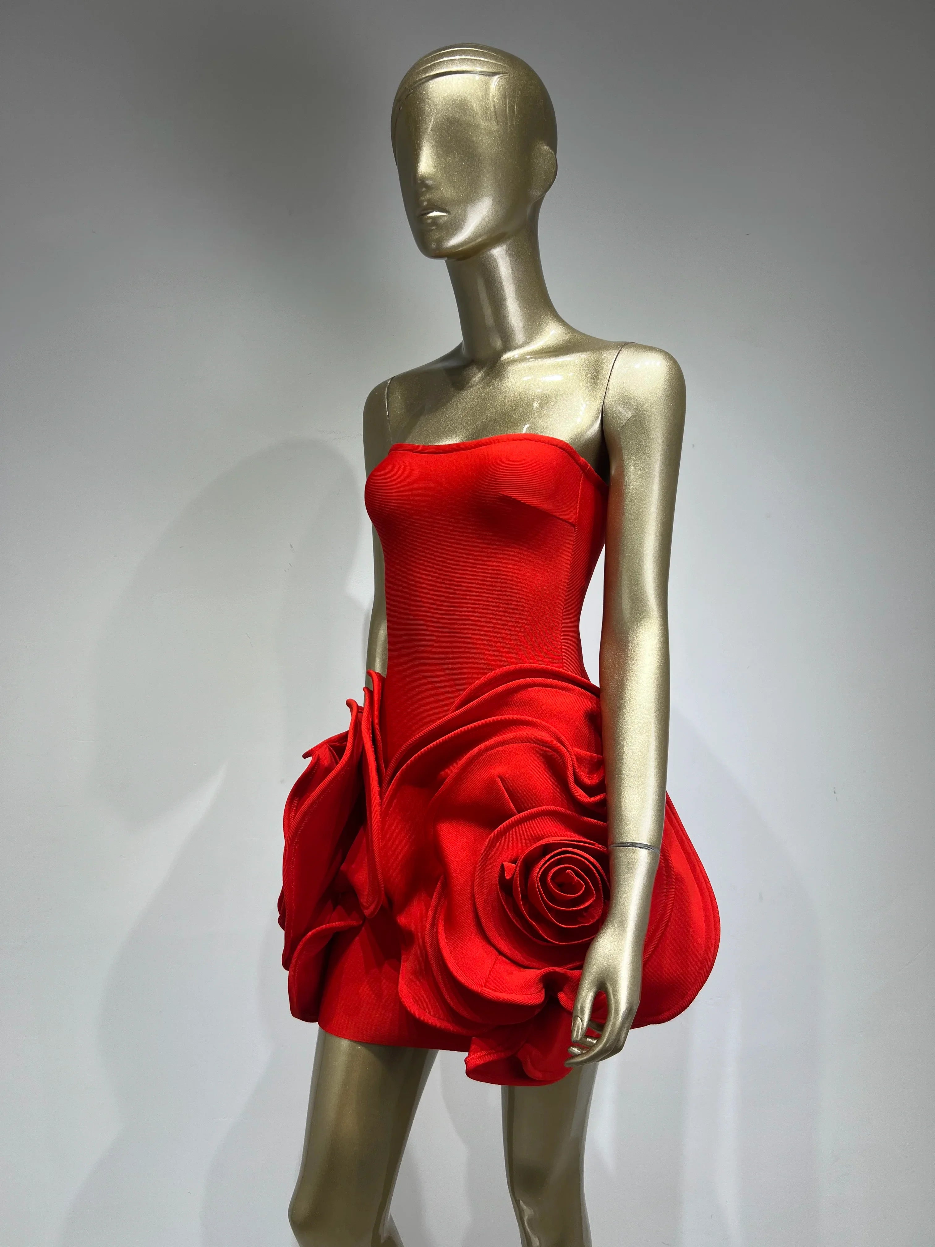 Women Celebrity Sexy Strapless Backeless Red Flower Mini Bodycon Bandage Dress Elegant Evening Club Party Dress