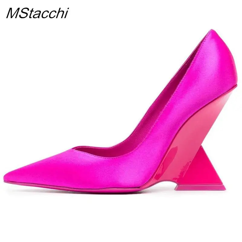 Runway Women Heels Pumps 2025 Designer Shoes Patent leather Pointed Toe Slingback Shallow Luxury Brand Strange Heel Woman Shoes Rosy Red