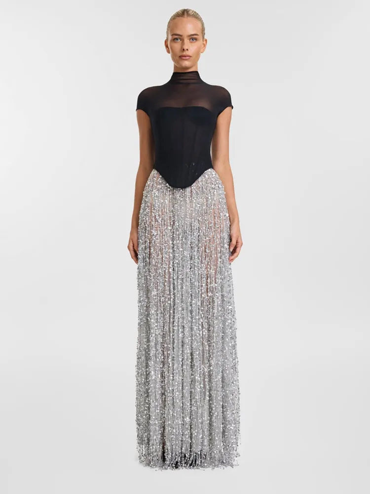 Women Celebrity Sexy Short Sleeve Mesh Sequins Silver Maxi Long Bodycon Skirt Set 2025 Elegant Evening Club Party Outfits