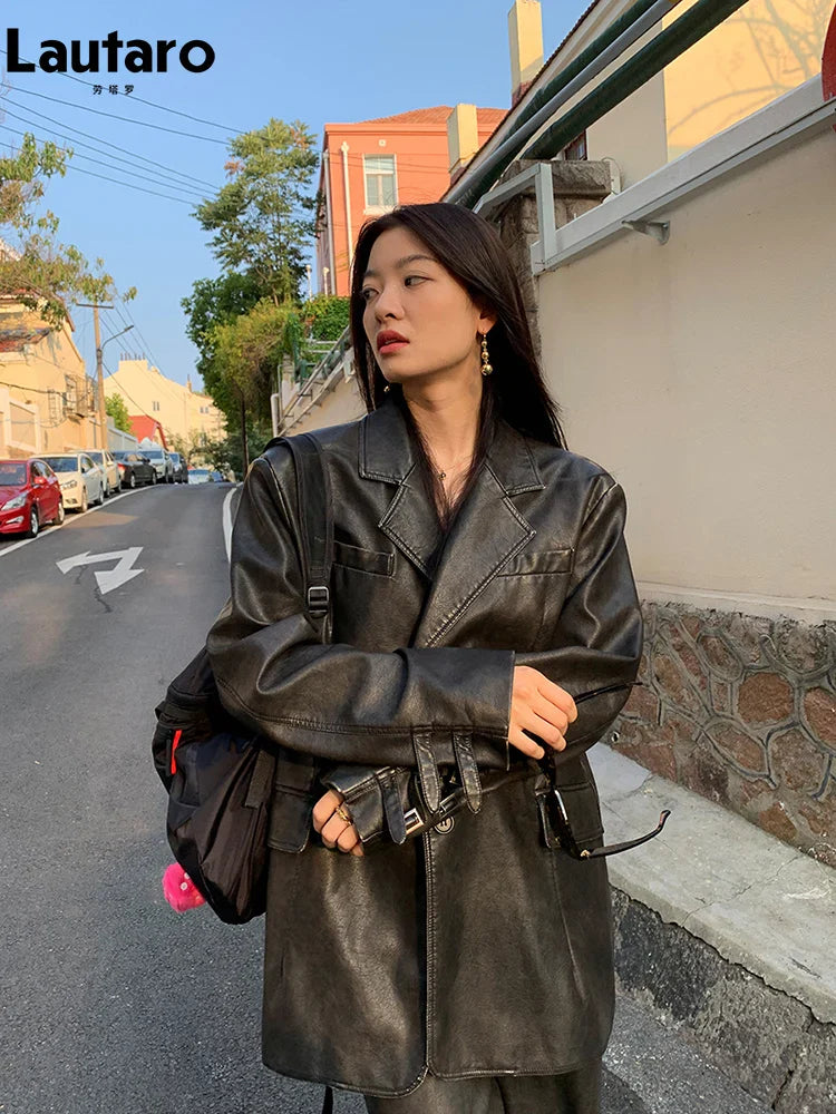 Spring Autumn Cool Retro Soft Distressed Pu Leather Blazer Jacket Women Single Breasted Loose Casual Korean Fashion 2024