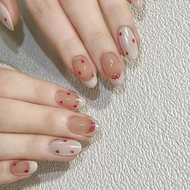 24Pcs Simple Almond Fake Nails Art with Jelly Glue White French Press on False Nails 3D Golden Stripes Design Wearable Nail Tips 876