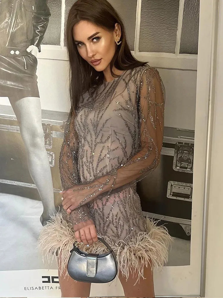 Elegant Shinny Green Mini Dresses Women Fashion Deep V Neck Metal Ring Full Sleeve Short Vestidos New Summer Lady Holiday Robes Grey