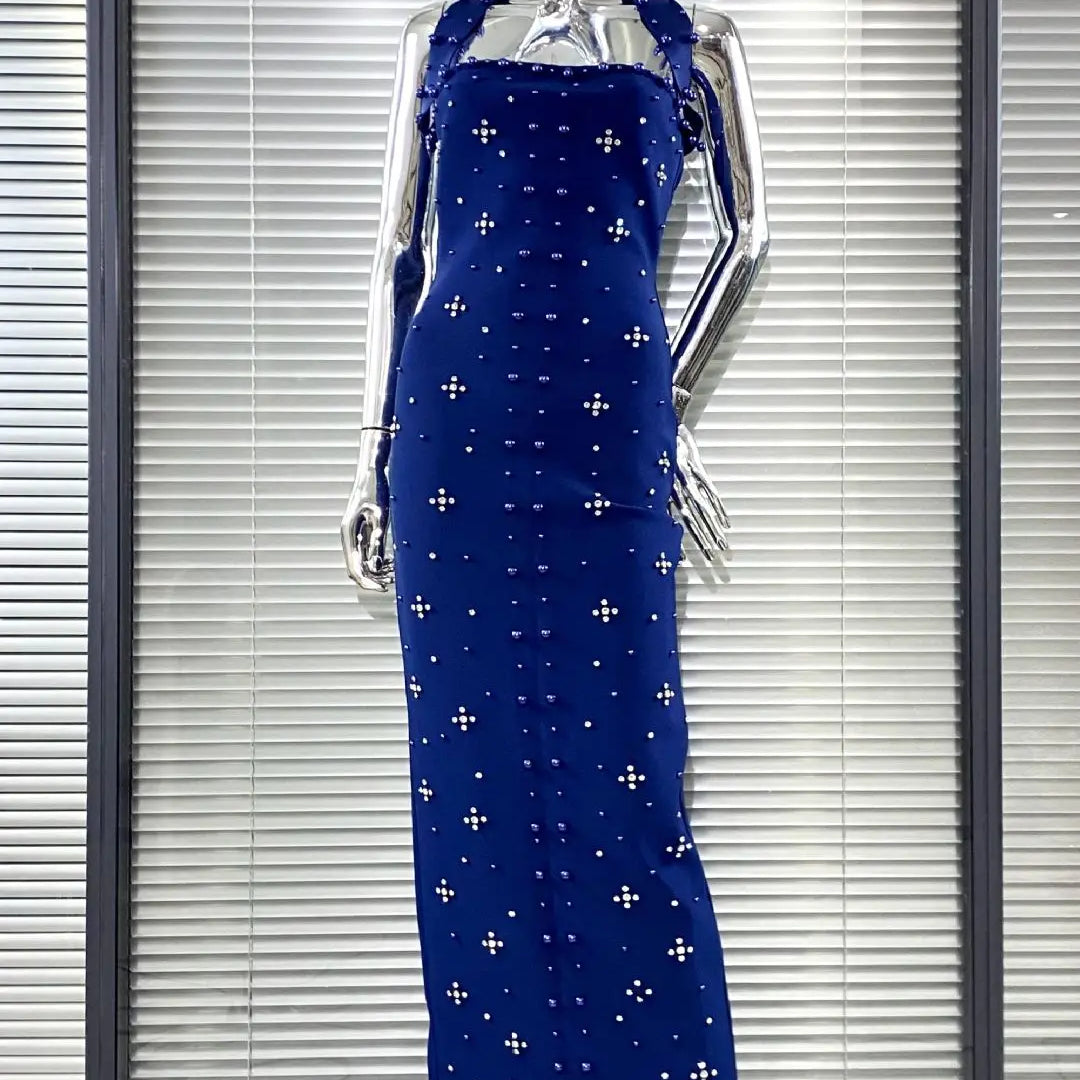 Women Sexy Halter Off the Shoulder Beading Rhinestones Bodycon Long Bandage Dress Evening Party Cocktail Vestido Navy Blue