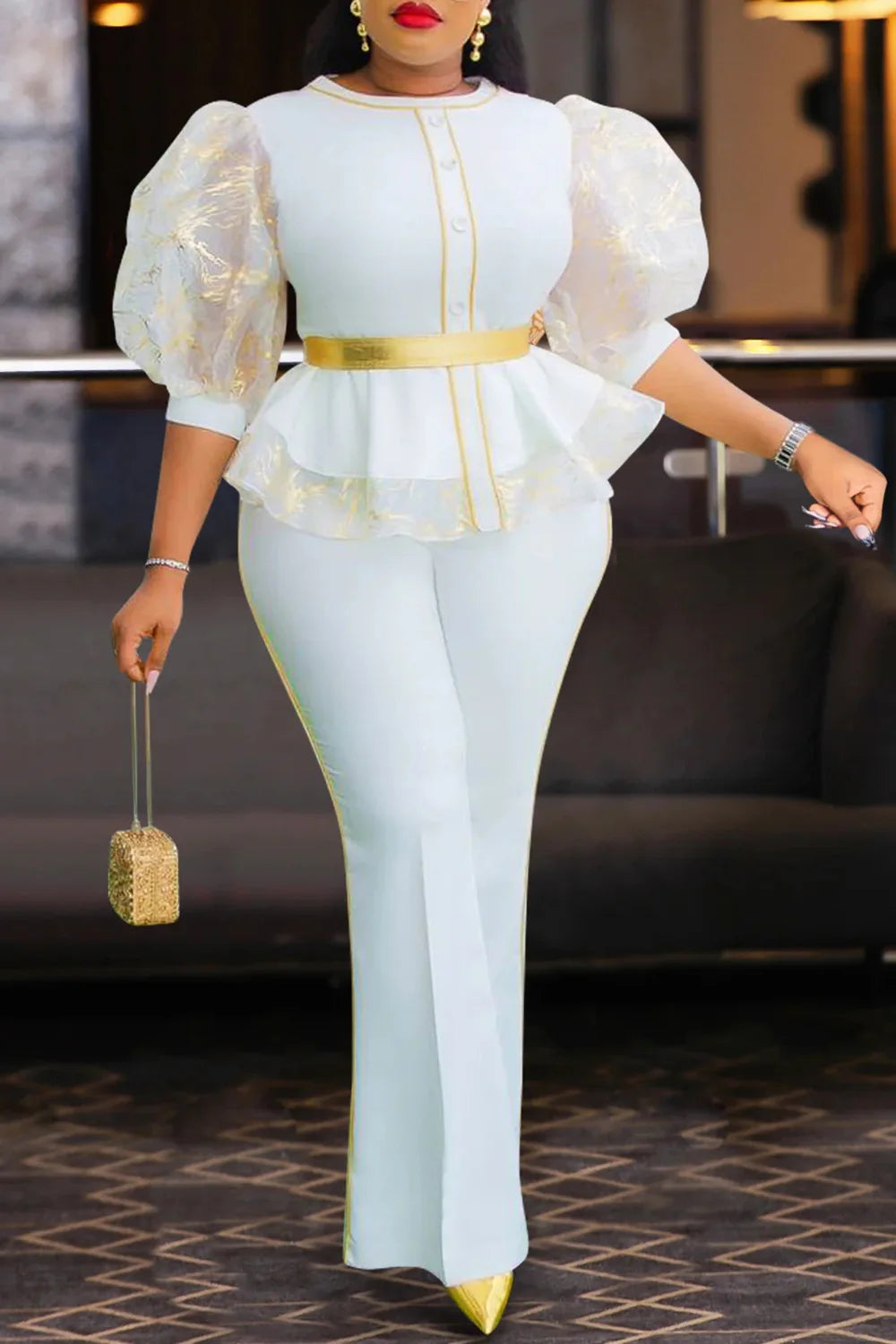 Plus Size Mother Of The Bride White Elegant Round Neck Puff Sleeve Half Sleeve Ruffle See Through Two Piece Pant Sets White