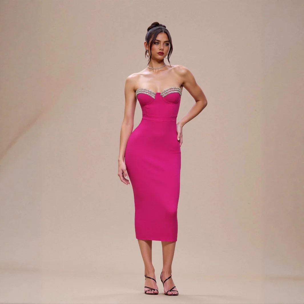 Rosered Color Women Sexy Strapless Shinning Crystal Bodycon Bandage Mid-calf Dress Nightclub Party Celebrate Birthday Outfit Rose Red