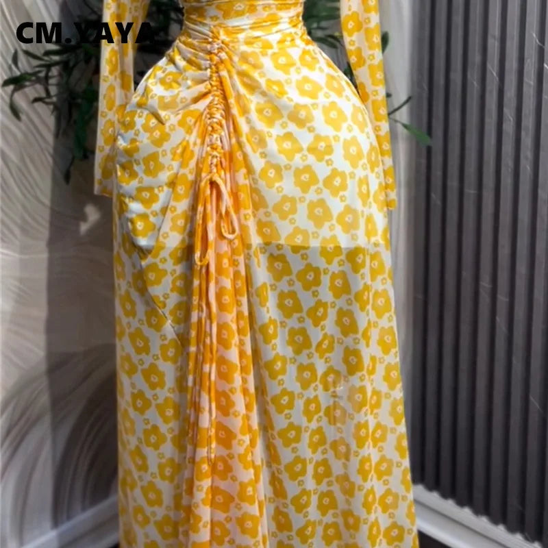 CM.YAYA Summer Floral Printed Women Long Sleeve Elegant Drawstring Ruched Up Maxi Long Dress Night Club Party Dresses Vestidos