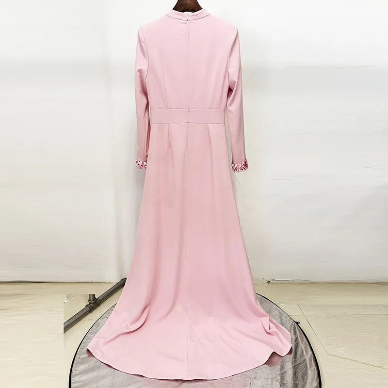 Solid Slimming Spliced Sequins Elegant Dresses for Women High Neck Long Sleeves Hollow Out Long Dress Female New