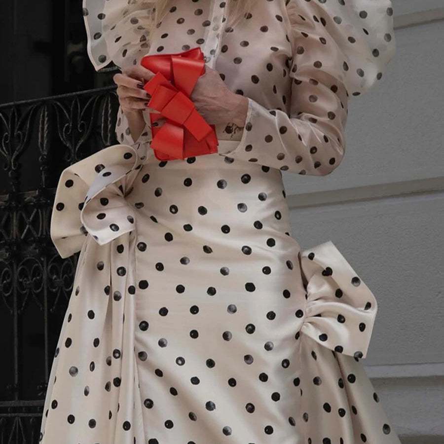 Hit Color Sheer Spliced Wave Point Two Piece Sets for Women Round Neck Long Sleeves Top High Waist Skirt Set Female