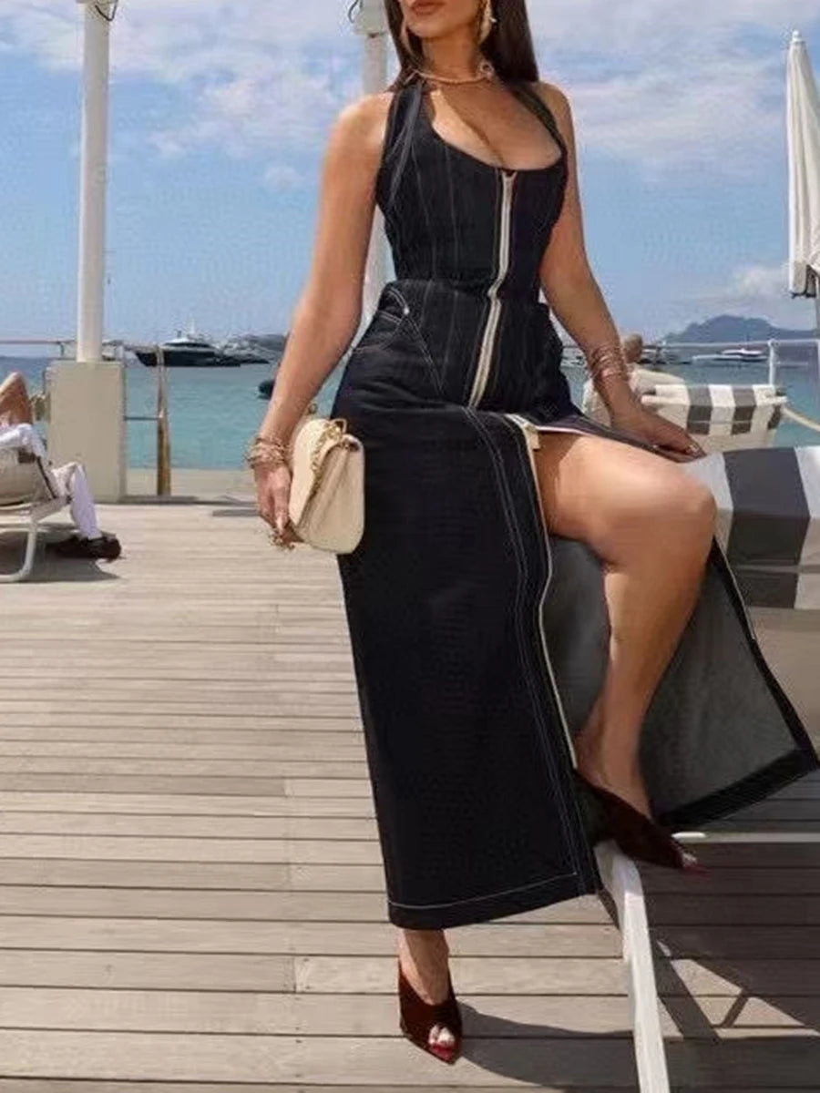 Solid Slimming Spliced Zipper Cowboy Dresses for Women Halter Neck Sleeveless Temperament Dress Femlae Fashion New