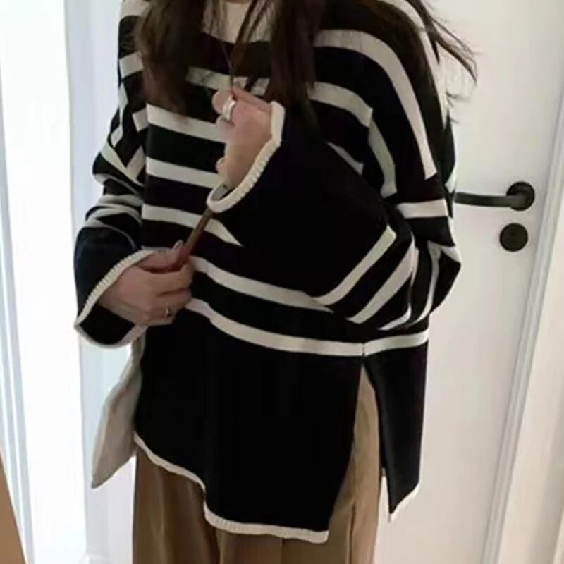Women Striped Loose Thermal Sweater O-Neck Long Sleeve Thicken Knitted Pullovers Casual Sweater For Women 2023 Autumn Winter
