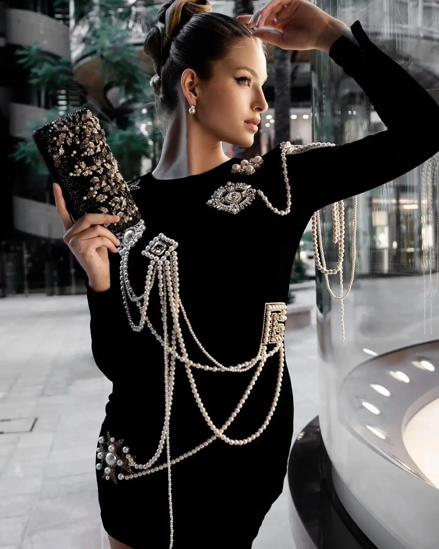 2024 New Spring Women Long Sleeve O-Neck Pearl Beading Bodycon Mini Dress Bandge Fashion Elegant Evening Party Dress Vestido