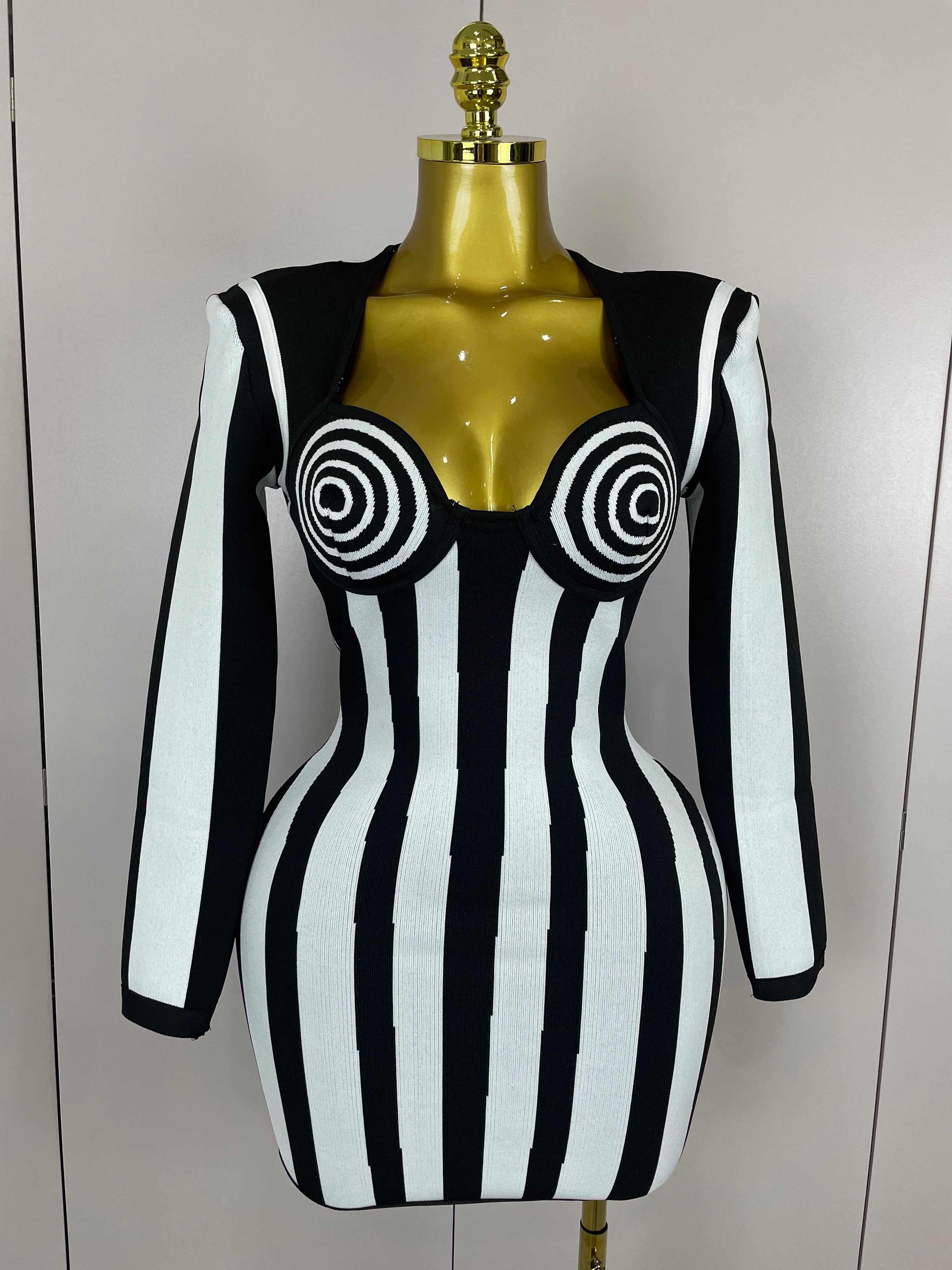 2025 Luxury Sexy Long Sleeve Stripe Black White Mini Bandage Dress Women Knitted Celebrity Elegant Evening Club Birthday Dresses black
