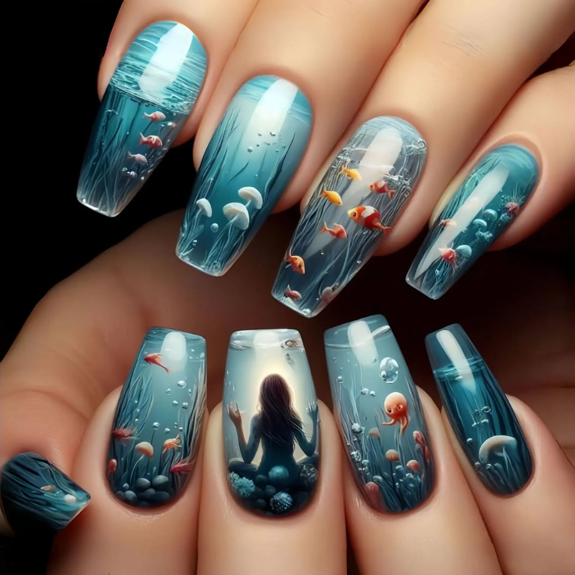 24pcs/set Medium long fake nails Gradient blue ocean fish sun flowers butterfly square ballet summer tips press on false nail 2283