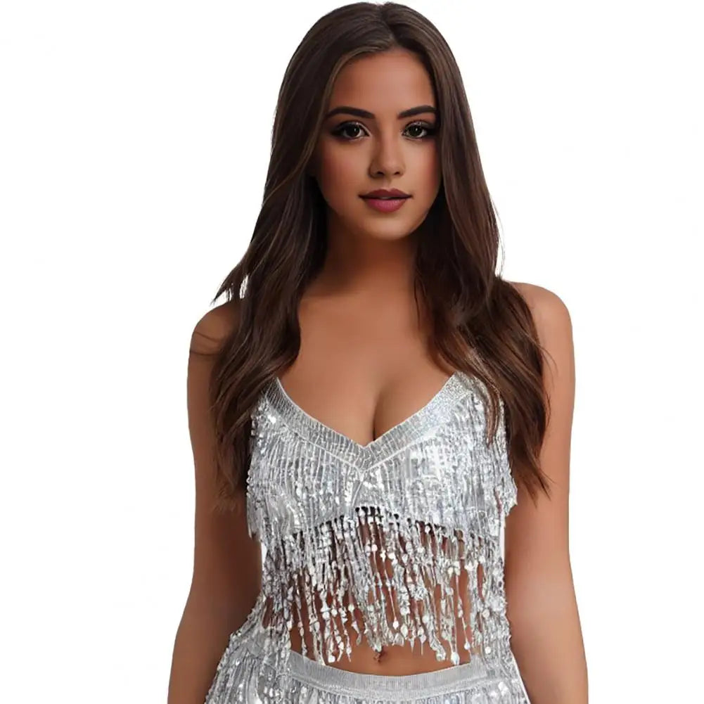 Sequin Tank Top Sparkling Sequin Fringe Halter Top for Women Belly Dance Nightclub Performance Bra Shiny Bronzing Vest Sexy Silver One Size