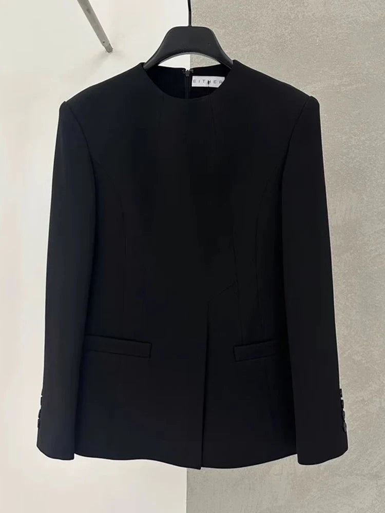 LANMREM Chic Blazer Coat For Women Long Sleeves Round Collar Irregular Fashion Office Lady Clothing Summer New 2DA5301 Black