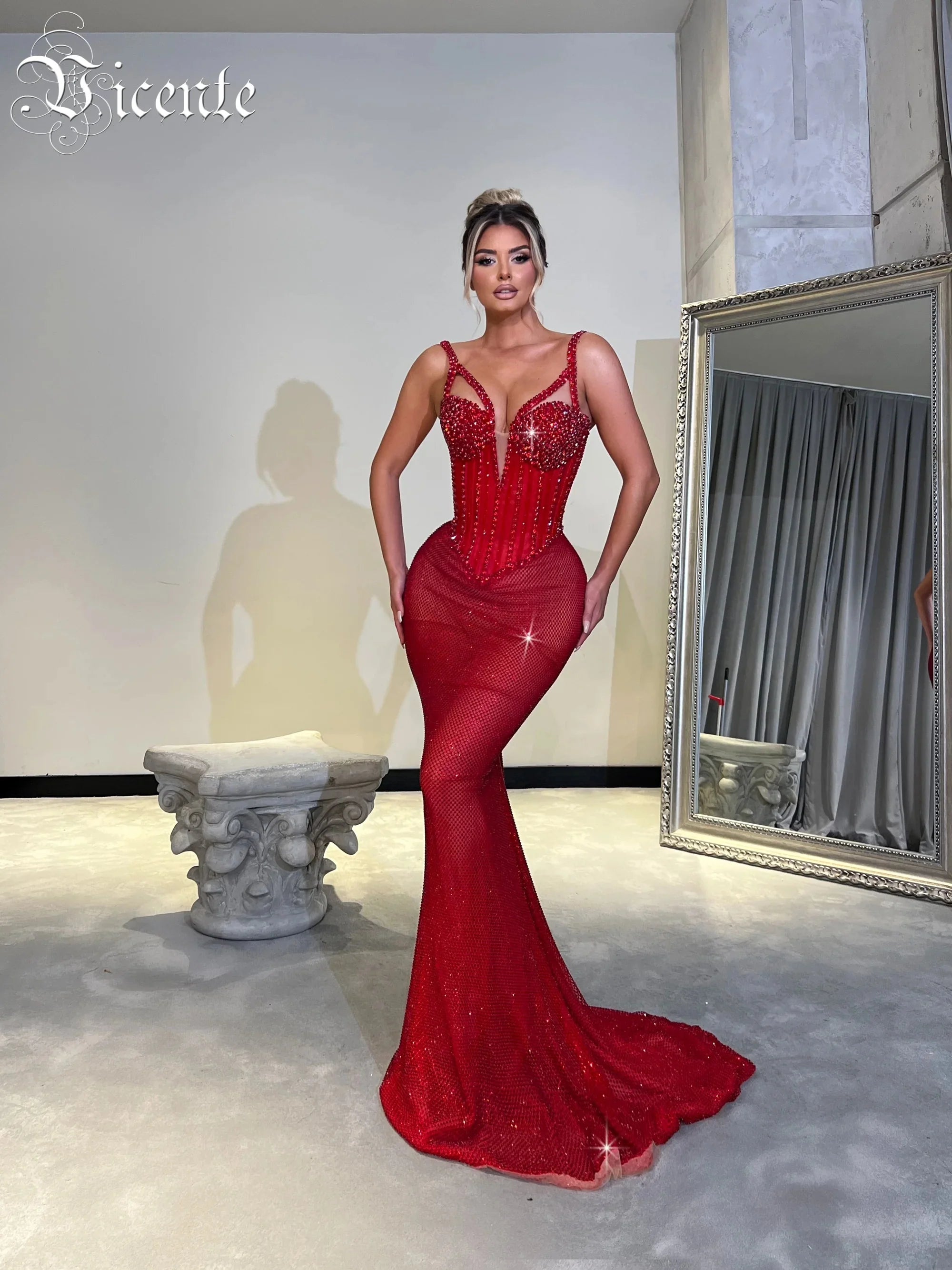 Enchanting Sparkling Red Mermaid Sequins Strappy Sleeveless Dress Party Evening Gown