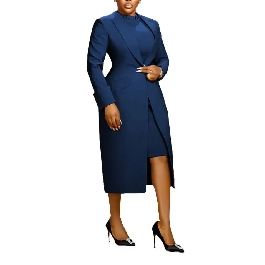 Women's Set Full Sleeve Long Blazer Coat+ Long Dress Suit 2025 Winter Streetwear Two 2 Piece Set Africa OL Work Outfits Blue