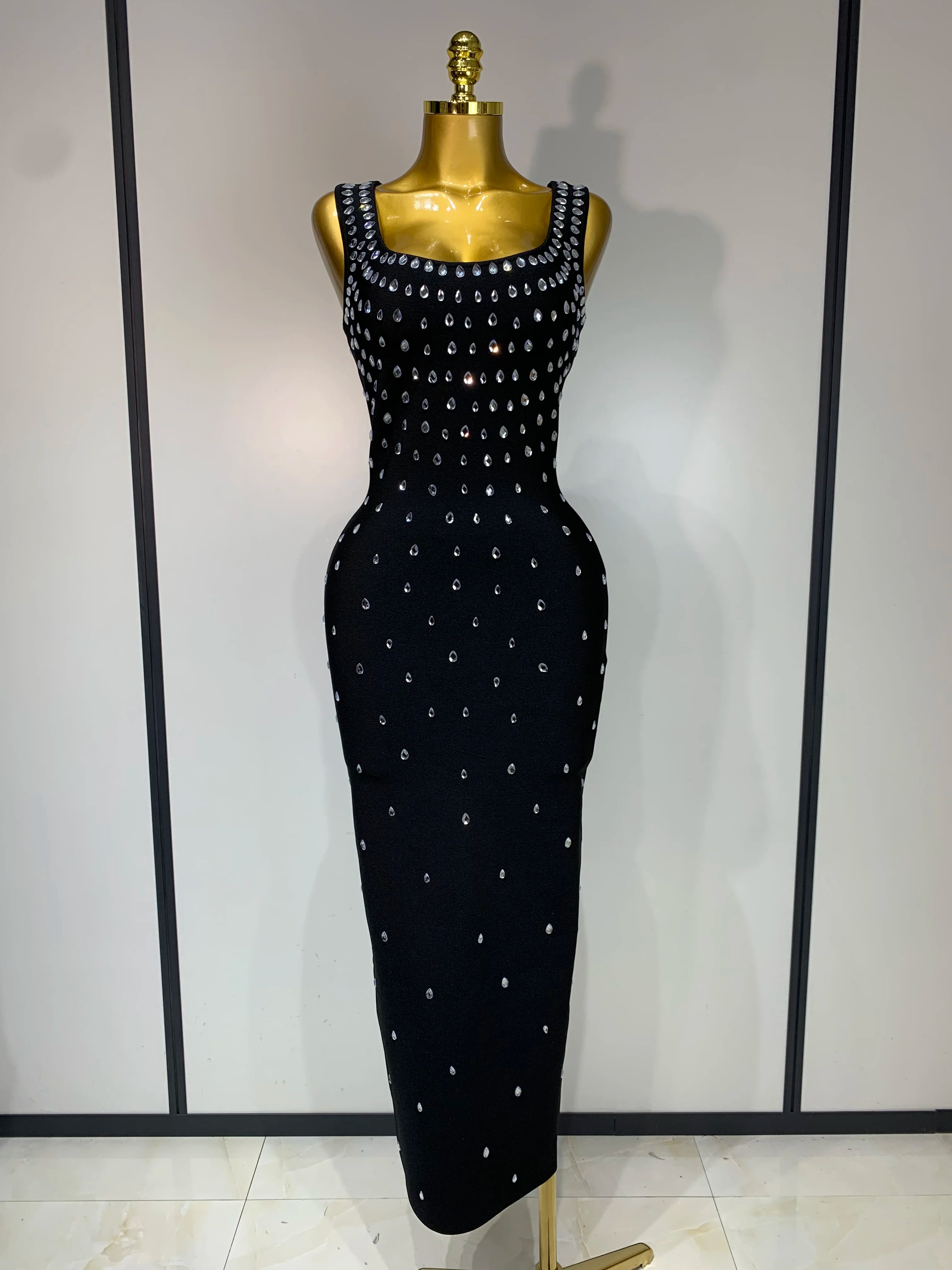 Women Sparkly Rhinestone Bandage Long Dress Elastic Sleeveless Bodycon High Street Evening Club Party Elegant Birthday Gowns black