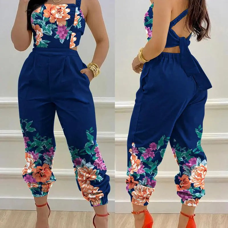 Woman Jumpsuits Elegant Jumpsuits Sexy V-neck Sleeveless Printed Jumpsuit New Fashion with Belt Vest Playsuit Streetwear J