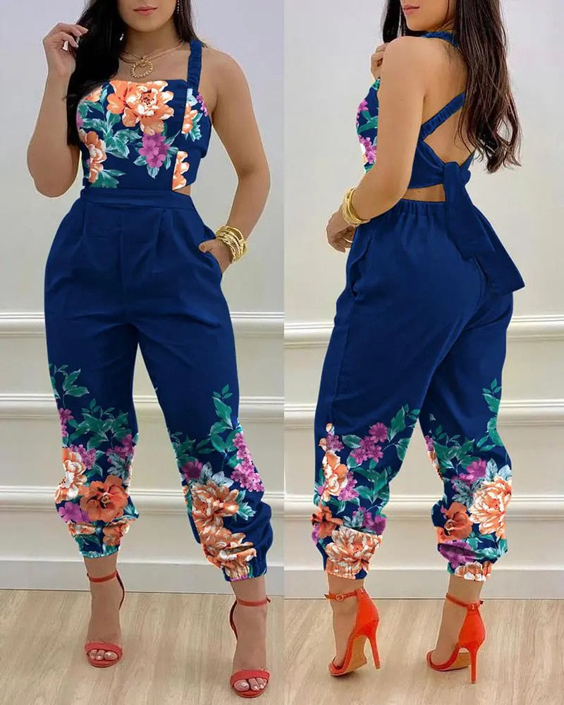 Woman Jumpsuits Elegant Jumpsuits Sexy V-neck Sleeveless Printed Jumpsuit New Fashion with Belt Vest Playsuit Streetwear J