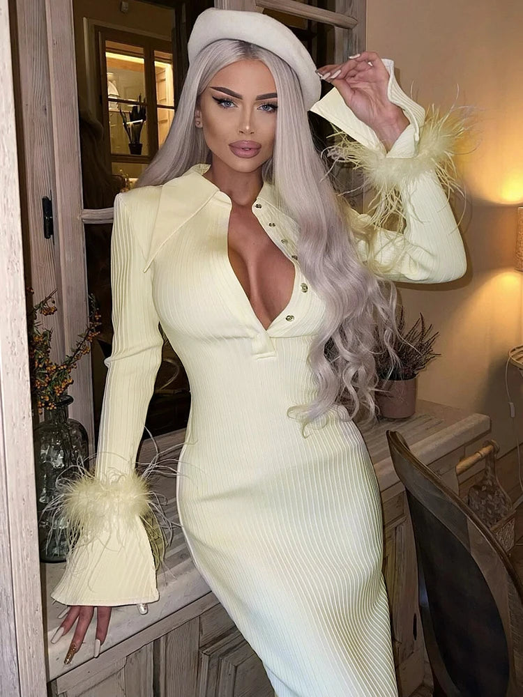 Light Yellow Maxi Dress Women Elegant Bodycon Bandage Long Sleeve Feather Design Party Dress Vestidos