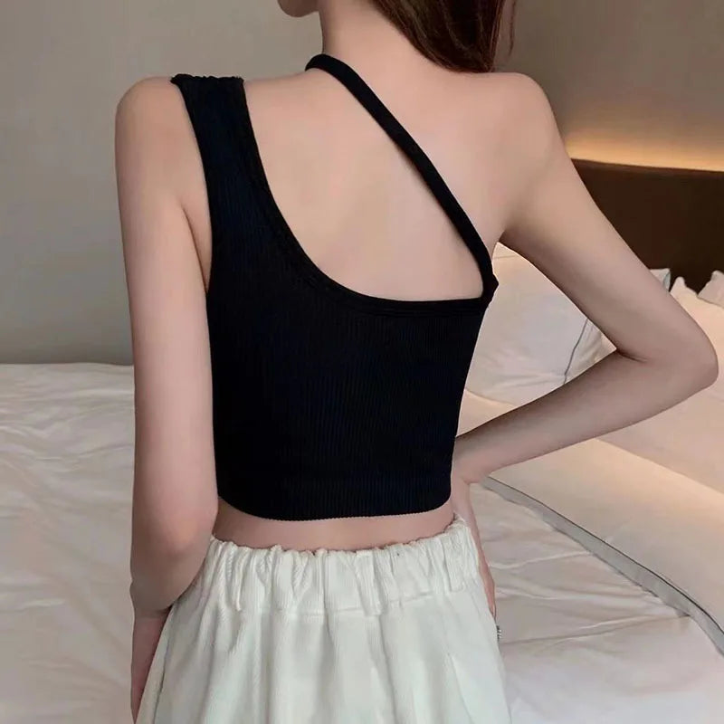 Sexy Tops for Womens Crop Top Woman Solid Color Tank Top Oblique Shoulder Sleeveless Camis Tank Tops for Women Ladies Slim Vest