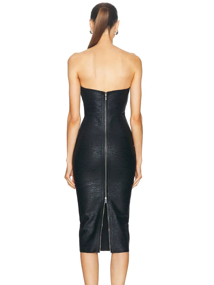 Women Celebrity Sexy Strapless Backless Bronzing Black Midi Summer Bandage Bodycon Dress 2025 Elegant Evening Club Party Outfit