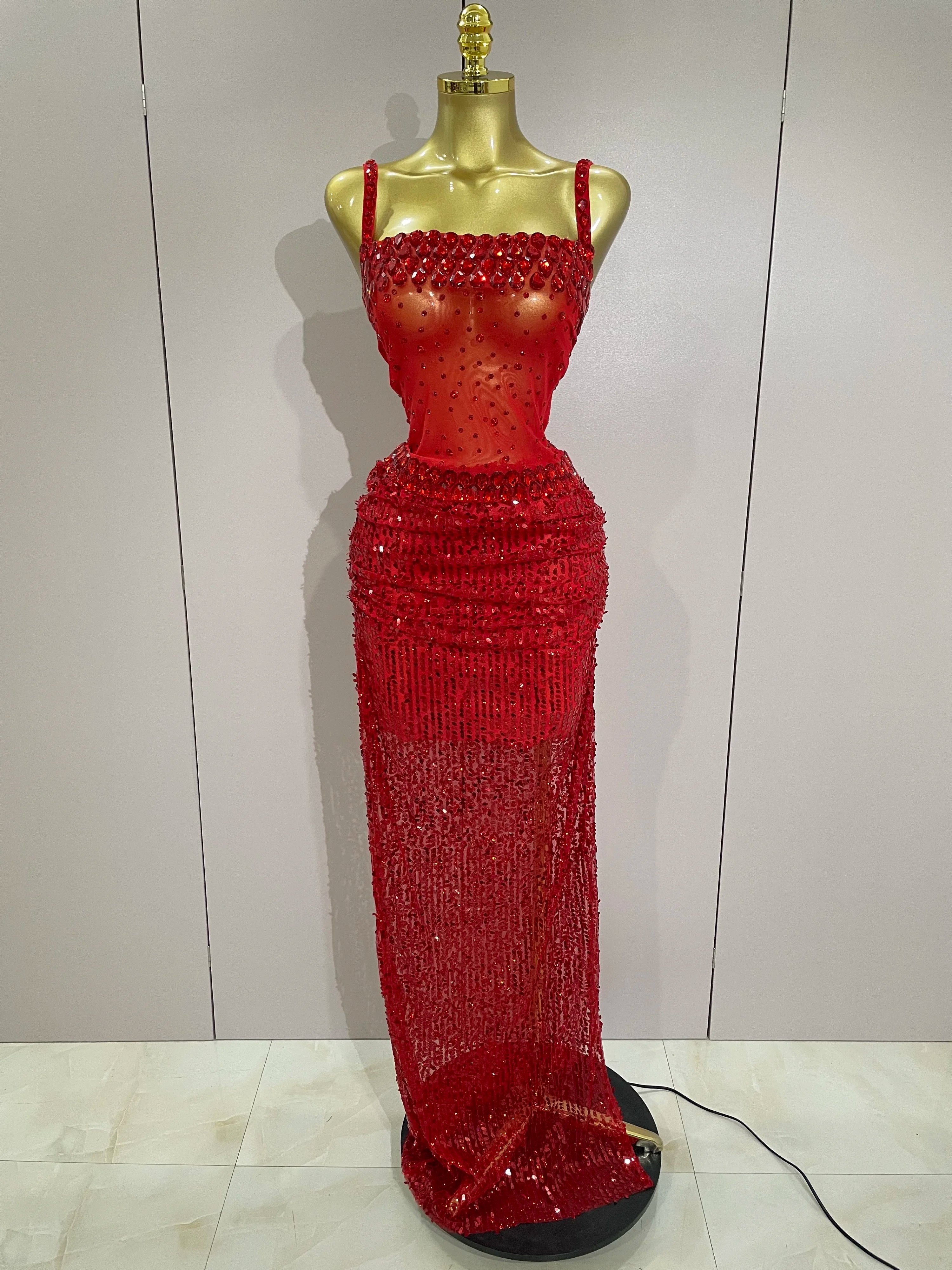 Sparkly Red Rhinestones Sequins Sexy See Through 2PCS Long Dress 2025Women Celebrate Evening Birthday Party Dress Stage Costumes Red