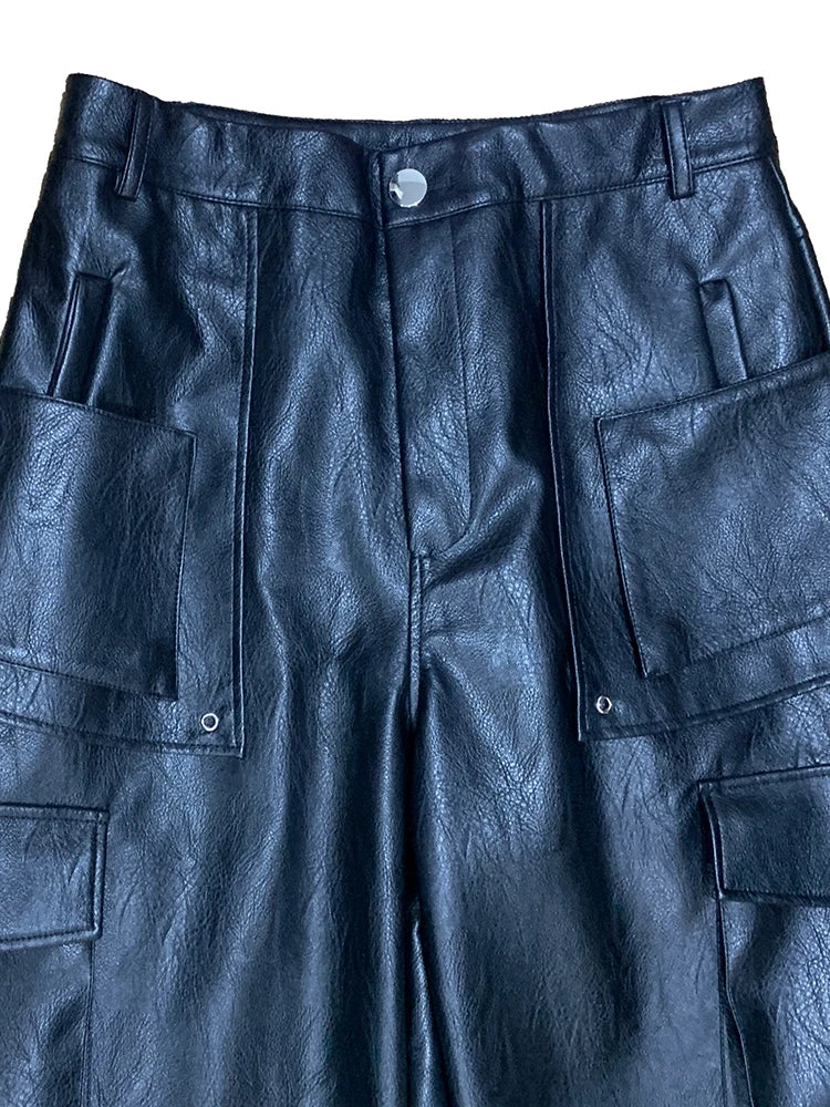 Mauroicardi Autumn Baggy Black Faux Leather Wide Leg Cargo Pants Men with Many Pockets Luxury Mens Designer European Clothing