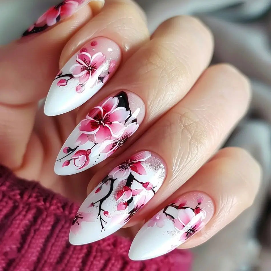 24pcs/set Medium long fake nails yellow dragon flowers feather design for Spring summer Square almond tips press on false nail 2226