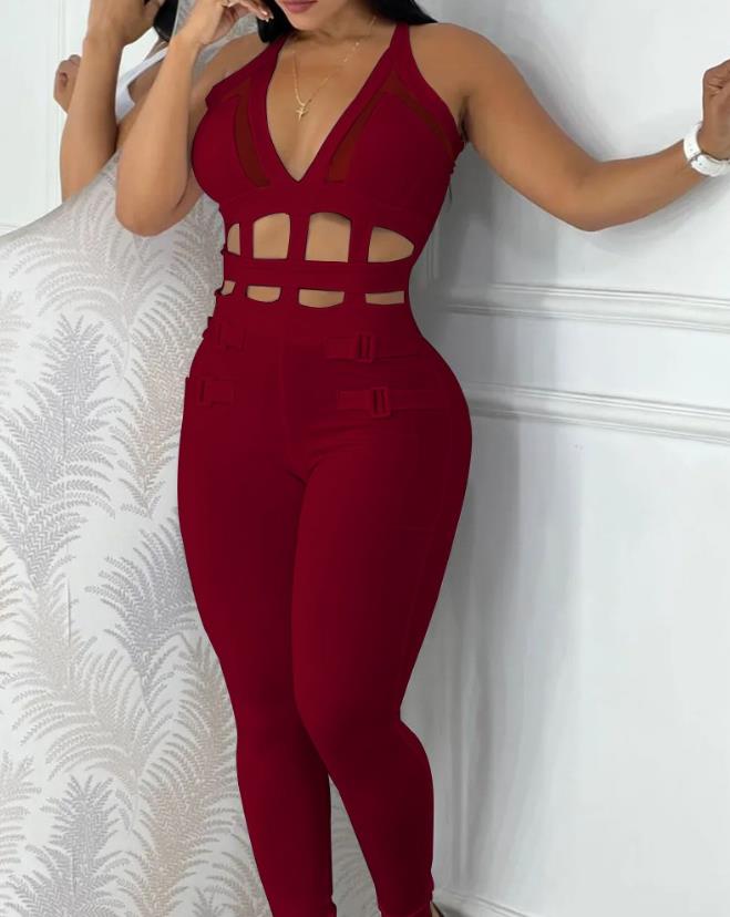 Sexy Night Out Jumpsuit for Women 2024 Summer New Sleeveless Plunge Hollow Out Halter Buckled Contrast Mesh Lady Skinny Jumpsuit C