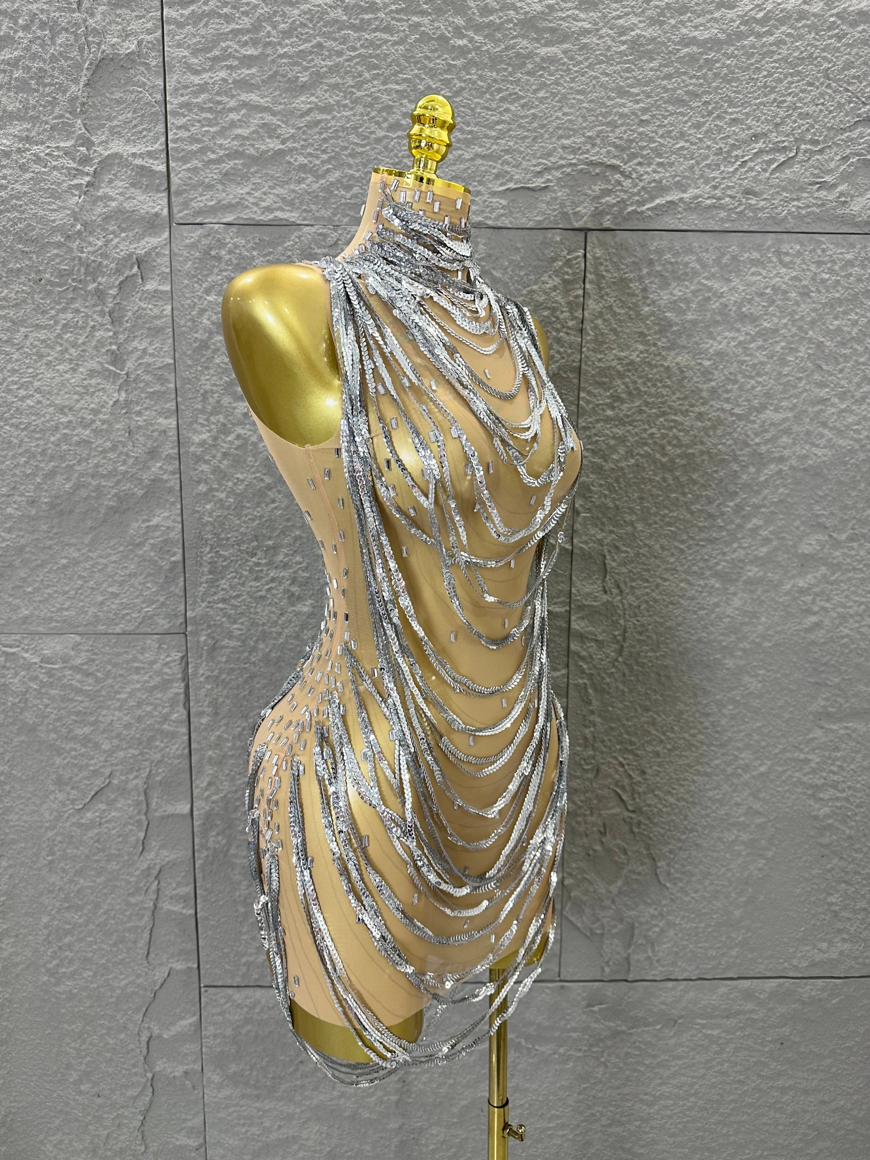 Glamorous Silver Sequined Layered Chain Mesh Dress Women Sexy High Neck Sleeveless Bodycon Stage Performance Costume