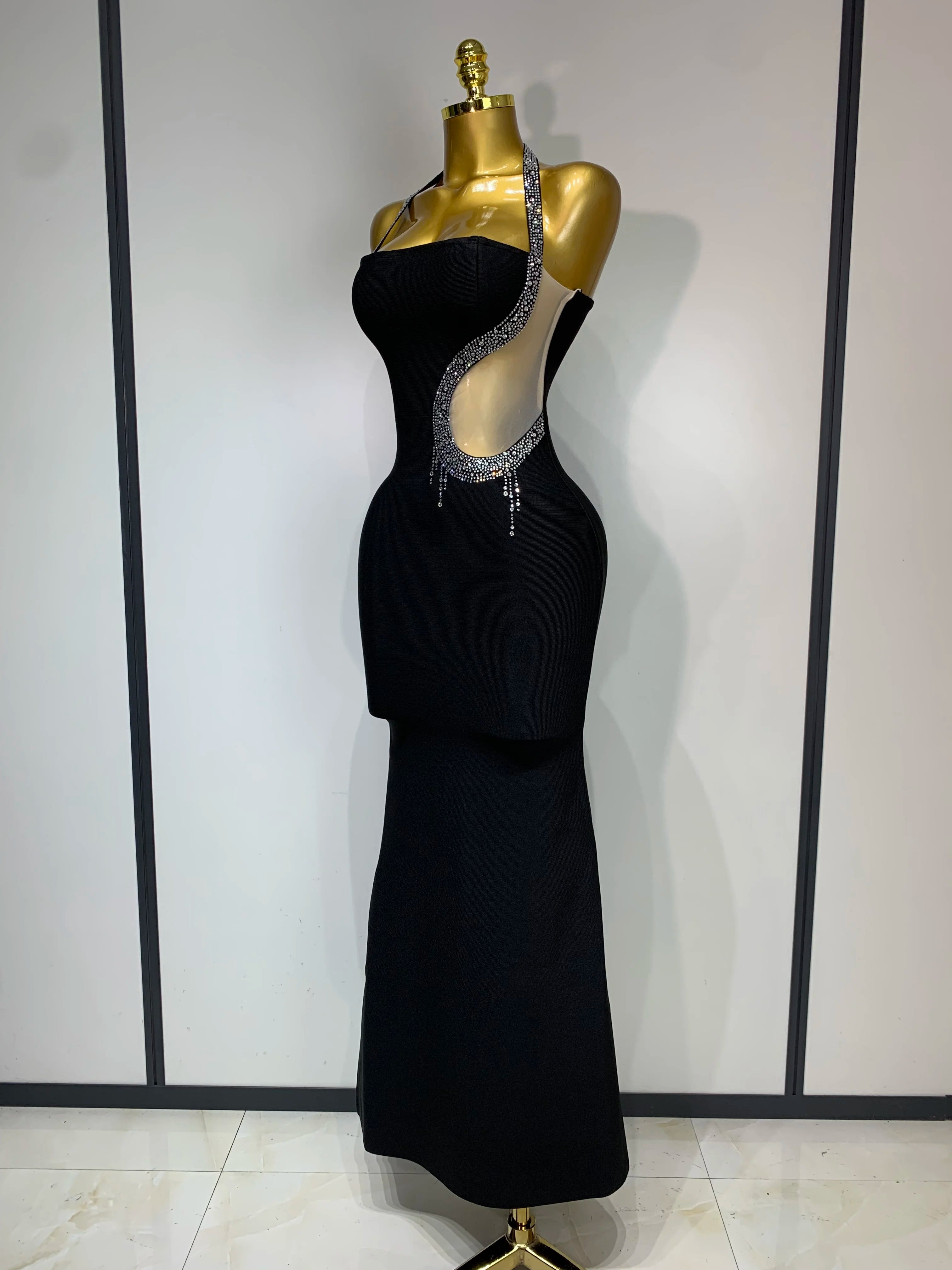 Women Sexy Rhinestone Halter Long Bandage Bodycon Dress 2025 Celebrity Elegant Evening Party Luxury Birthday Wedding Dresses