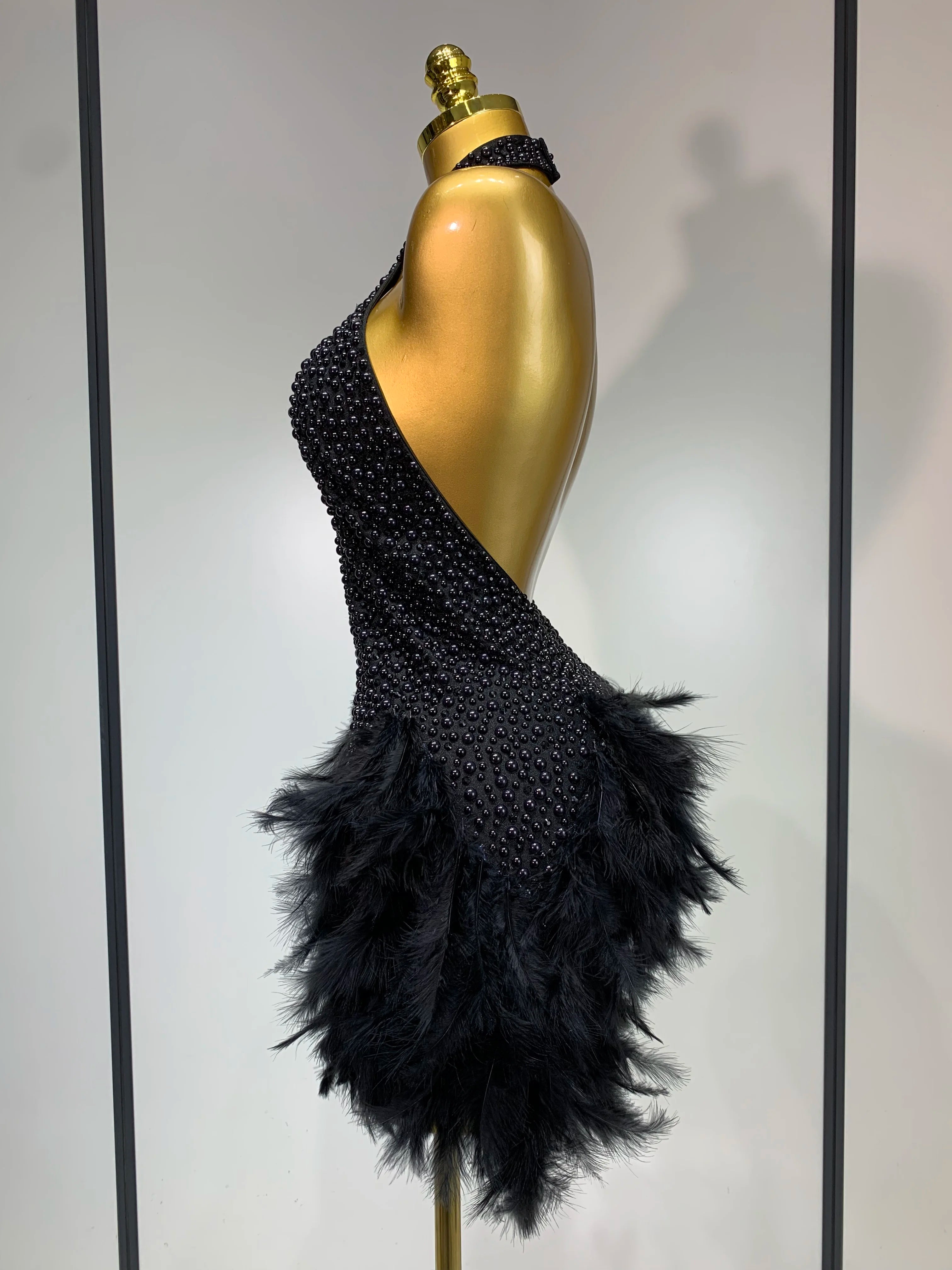 Sexy Backless Feathers Performance Costume Stage Dancer Black Mini Stretchy Nightclub Luxury Birthday Evening Party Dresses
