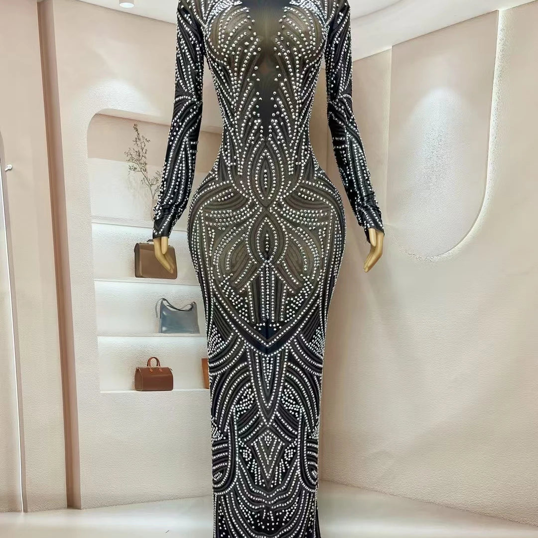 Black New Style Sparkly Rhinestone Evening Dress High-end Style Long Dress Cocktail Party Red Carpet Elegant Women Dress Huayuan