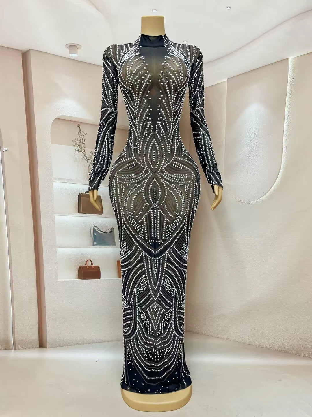 Black New Style Sparkly Rhinestone Evening Dress High-end Style Long Dress Cocktail Party Red Carpet Elegant Women Dress Huayuan