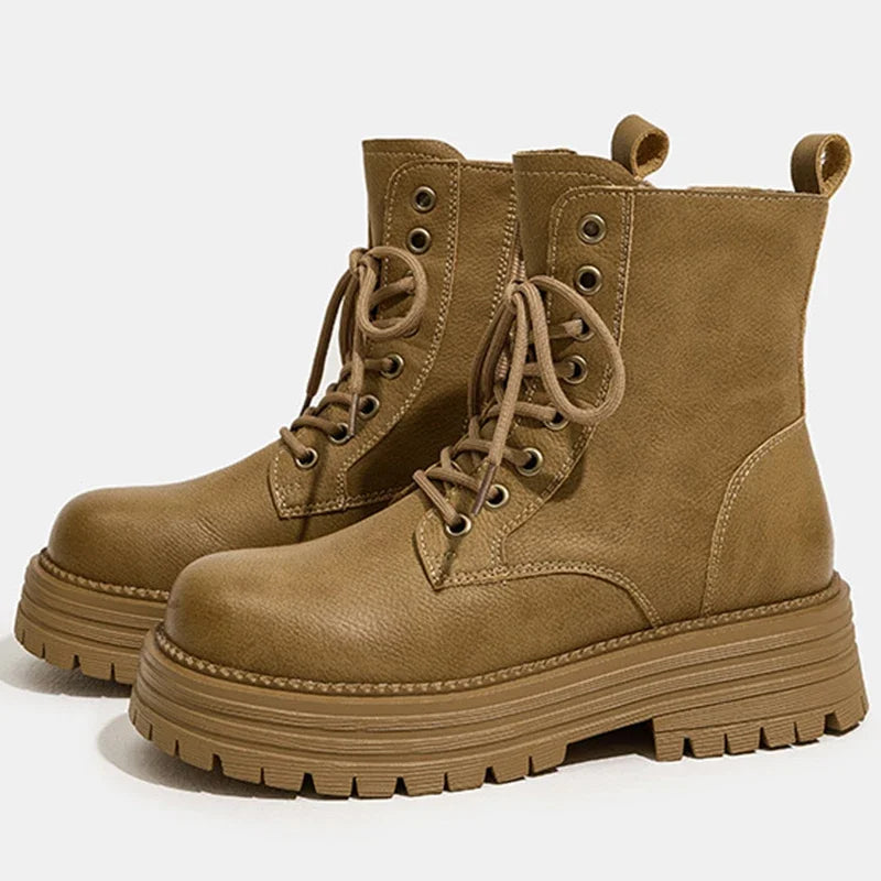 JOZHAMTA Size 34-40 Real Leather Ankle Boots Women Hike Treval Thick Heels Shoes Platform Motorcycle Boots Retro Combat Boots Yellow