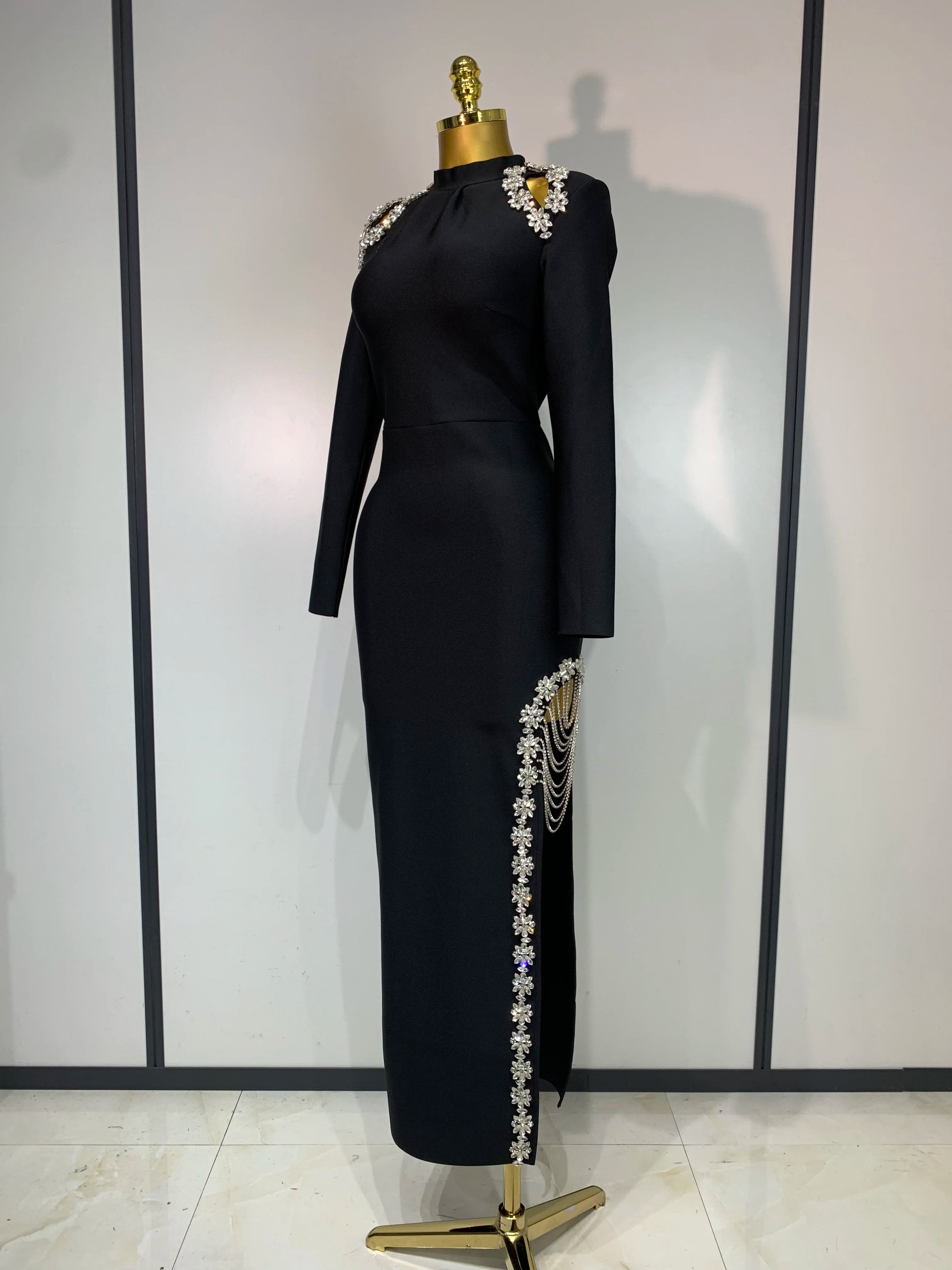 Women Long Sleeve Sexy Shinning Crystal High Split Bodycon Long Bandage Dresses Elegant Evening Party Birthday Cocktail Outfit