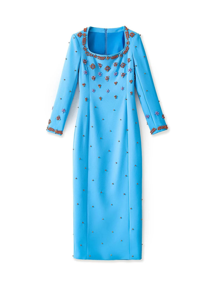Solid Slimming Spliced Bead Luxurious Dresses for Women Square Neck Long Sleeves Temperament Dress Female Clothing BLUE