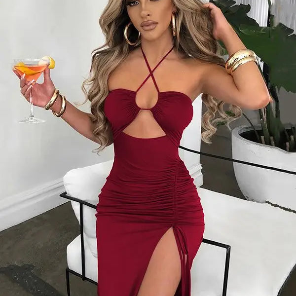 Summer Sexy Halter Backless Sleeveless Cut Out Maxi Dress for Women Ruched Elegant Club Party Slit Dresses Bandage Vestido 2023 burgundy