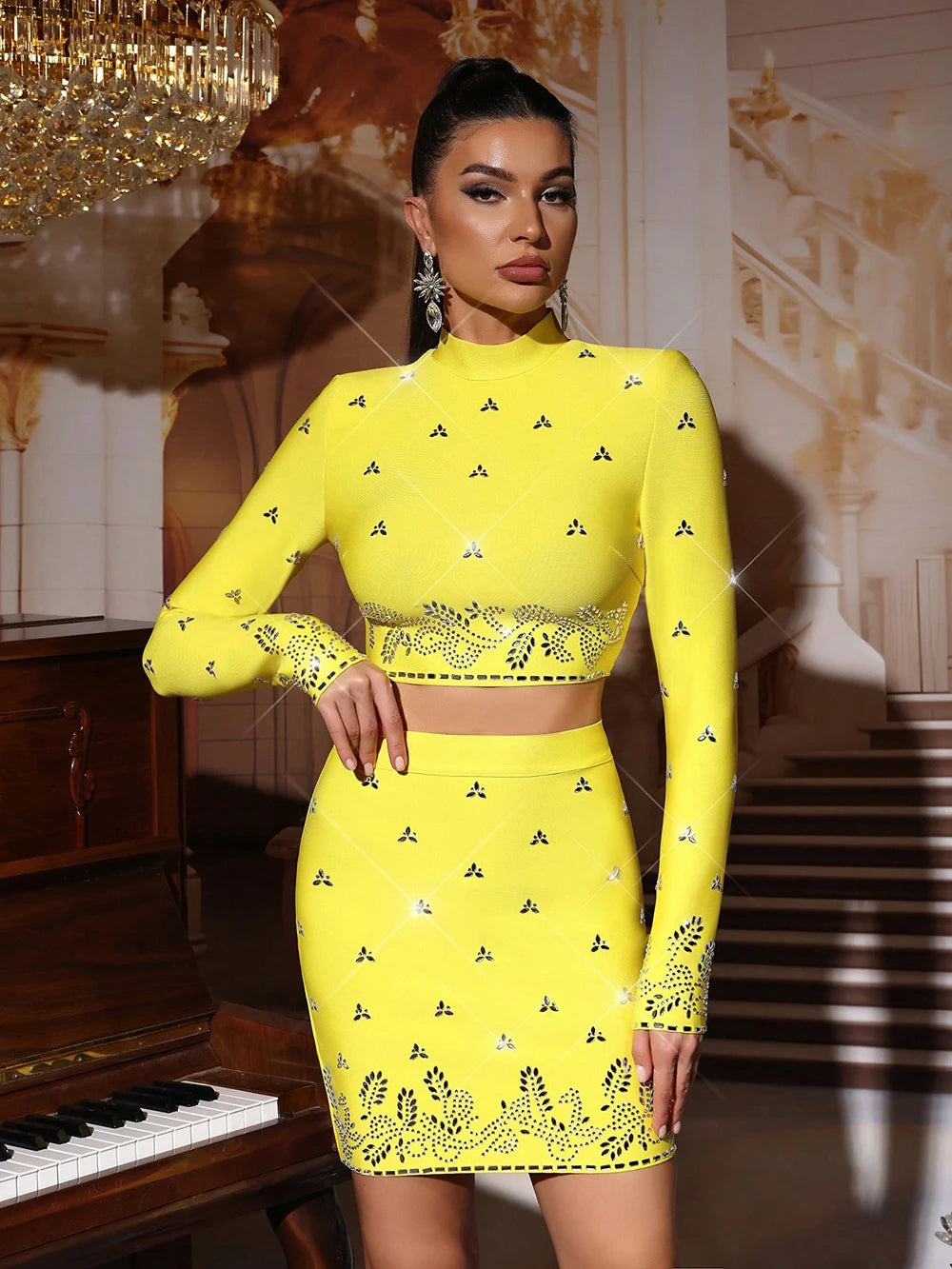 Modphy Black Yellow Rhinestone Bandage Two-Piece Set Women Long Sleeve Sexy Short Tops Bodycon Skirt Mini Sets Fashion Outfit