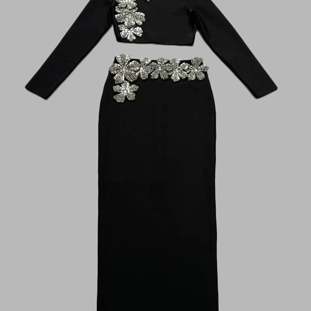 2024 Sexy Women's Bandage Skirt Set Stand up Collar Long Sleeve Nail Bead Water Diamond Short Top+Long Dress Two Piece Set black