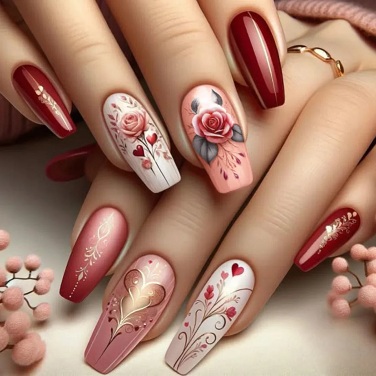 24Pc Retro Gold False Nails Mid-length Square Ballet Acrylic Press on Nails with Maple Leaves Designs Fake Nails with Jelly Glue 11
