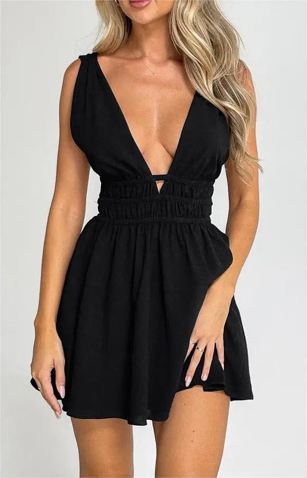 New Backless Sexy Women Mini Dress Sleeveless V Neck Backless Flower Print Summer Club Party Dress Sundress Streetwear S M L E